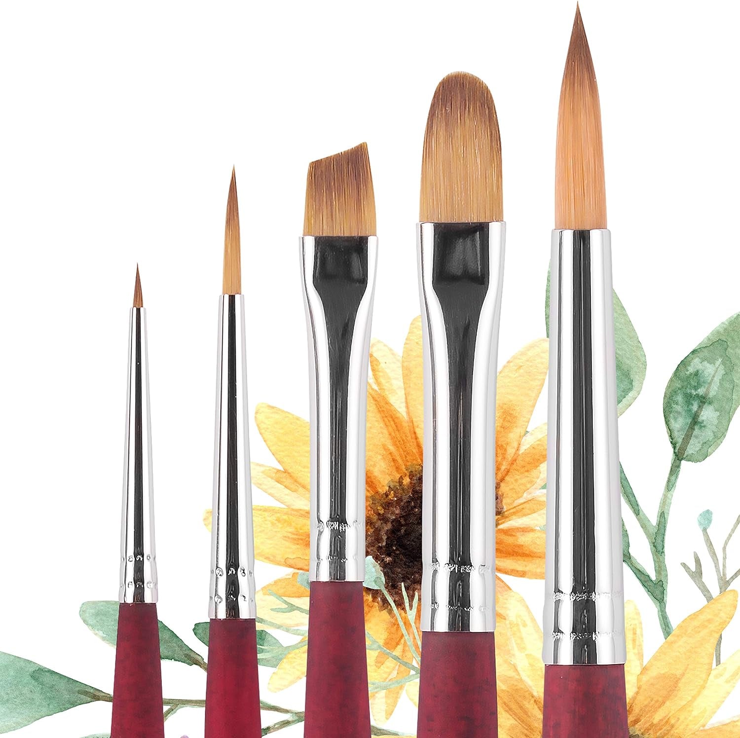 Velvetouch, Series 3950, Paint Brush for Acrylic, Oil and Watercolor, Set of 5 Spotter 5/0, Angle Shader ¼”, round 8, Filbert 8, round 2