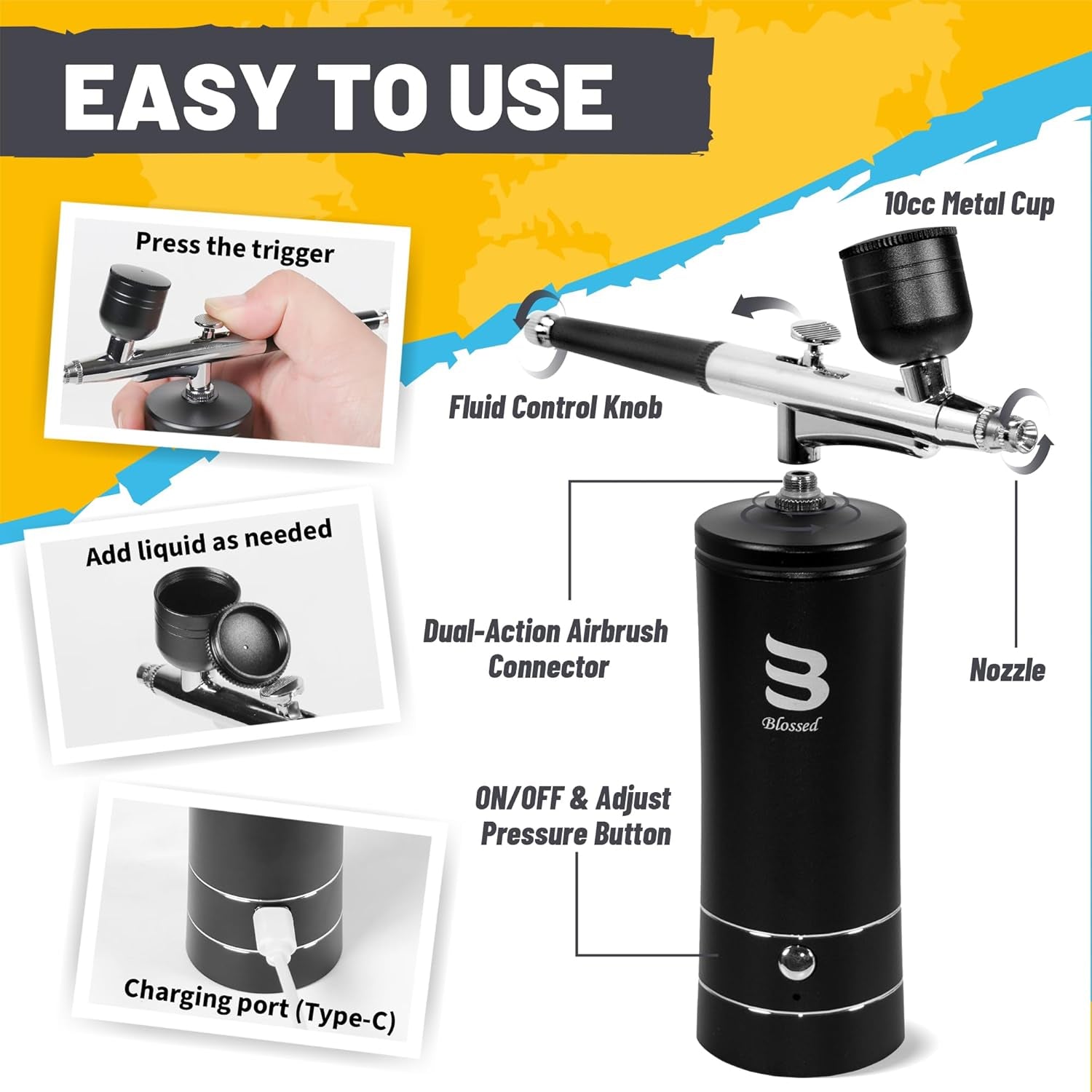 Cordless Airbrush Kit with Air Compressor, 48PSI Rechargeable Handheld Airbrush for Nails, Portable Nail Airbrush Machine for Tattoo, Nail Art, Makeup, Barber, Cake Decoration Etc.