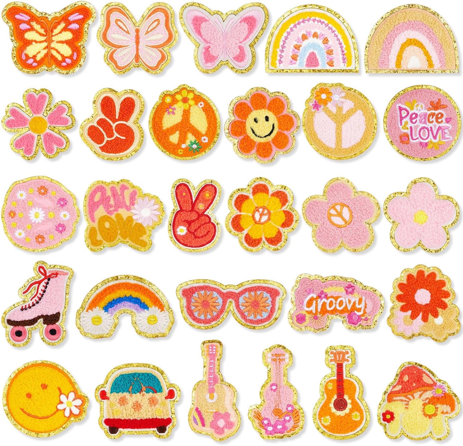 28 Pcs Iron on Patches Colorful Sew Iron on Patch Chenille Embroidered Patches Applique Patches for Clothing Fabric Jackets Jeans Repair Decor Craft(Retro Style)