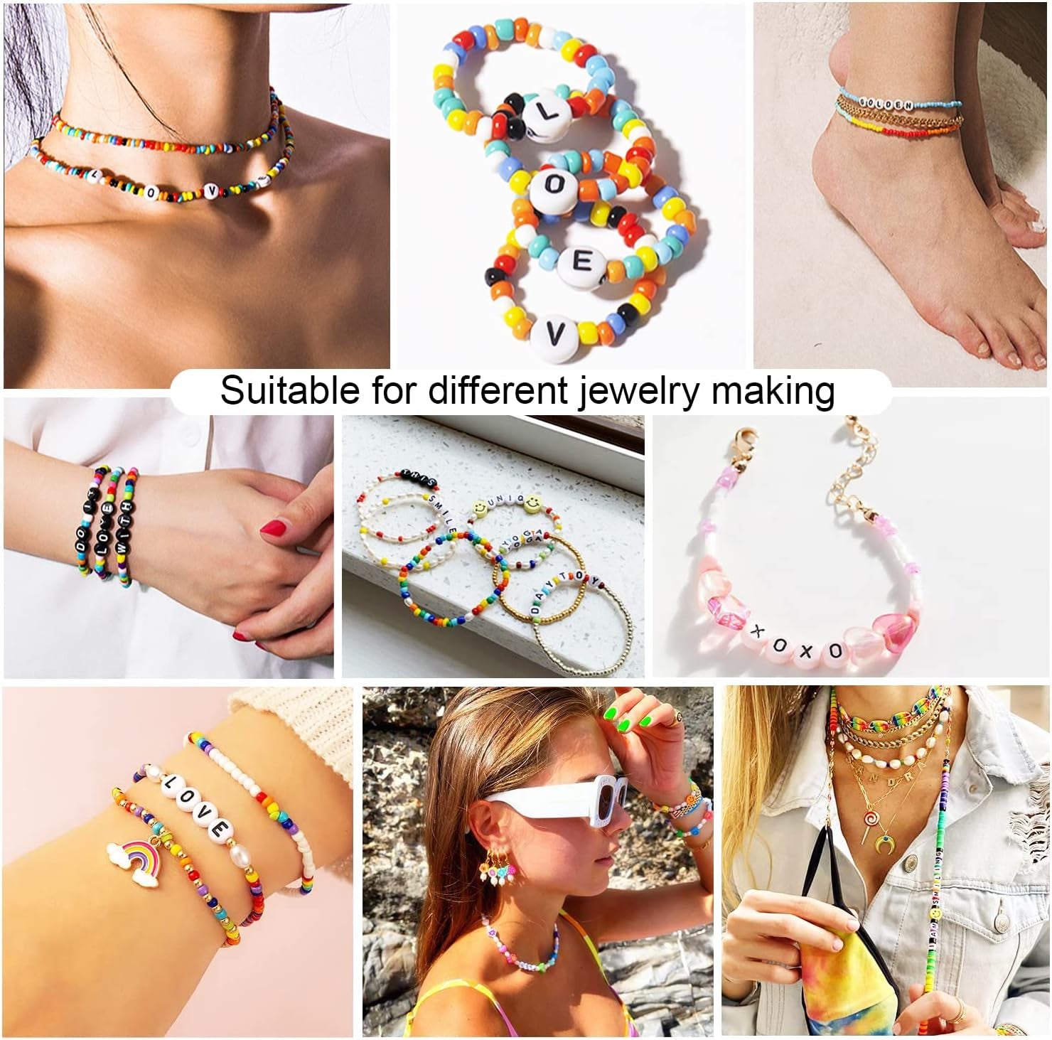 7 Style Letter Alphabet Beads for Bracelets Making, 1380 Pcs Colorful Square round Letter Beads Kit for Jewelry Making, Letter Beads Bulk with Crystal Elastic String