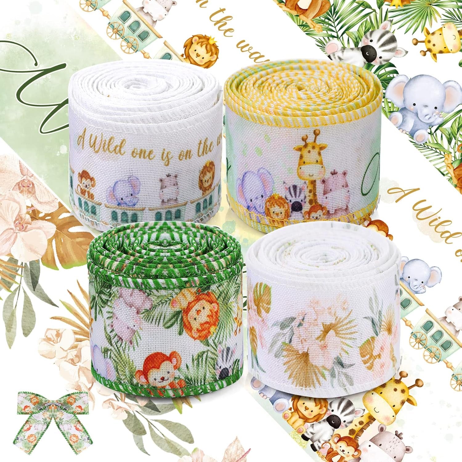 4 Rolls of 20 Yards Safari Animal Theme Ribbon 1.5 Inch Wide Forest Rib Wired Baby Shower Ribbon Jungle Animal Leaf Ribbon Animal Print Ribbon for DIY Craft Jungle Animal Theme Birthday Party Decor