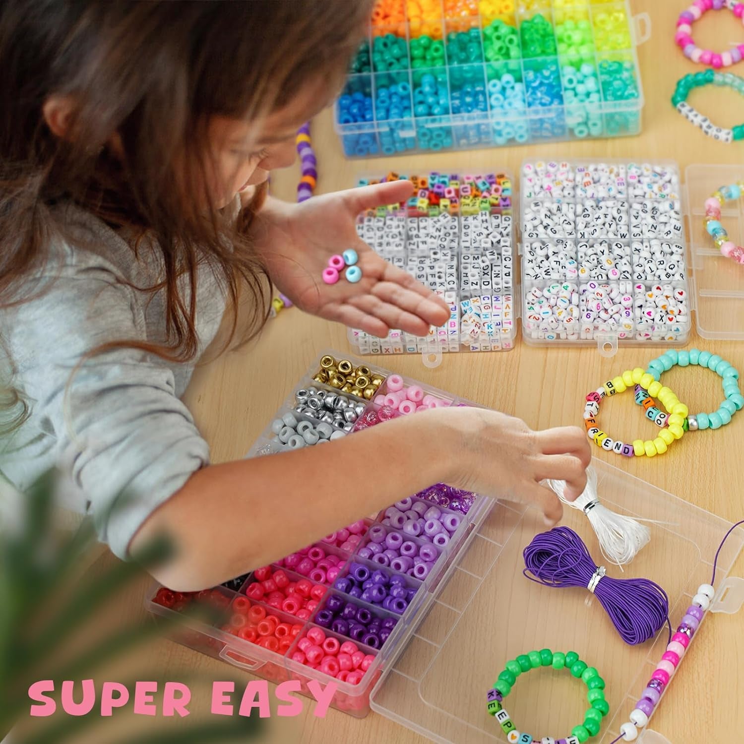 4200Pcs Pony Beads for Bracelet Making Kit, 48 Colors Halloween Bracelet Making Kit, 2500Pcs Rainbow Kandi, 1700Pcs Friendship Letter Beads with 20 Meter Elastic Strings for Jewelry Making