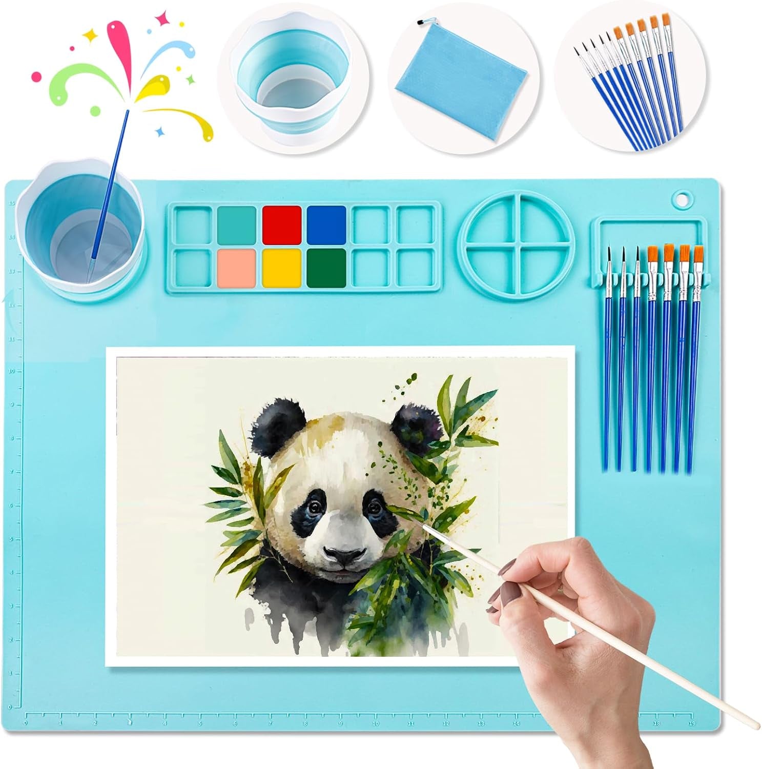 Silicone Craft Mat 20X16 Inch Large Silicone Art Mat with Detachable Cup Painting Mat with 10 Painting Brushes Silicone Drawing Mat Sheets for Kids Adult DIY Accessories (Blue)