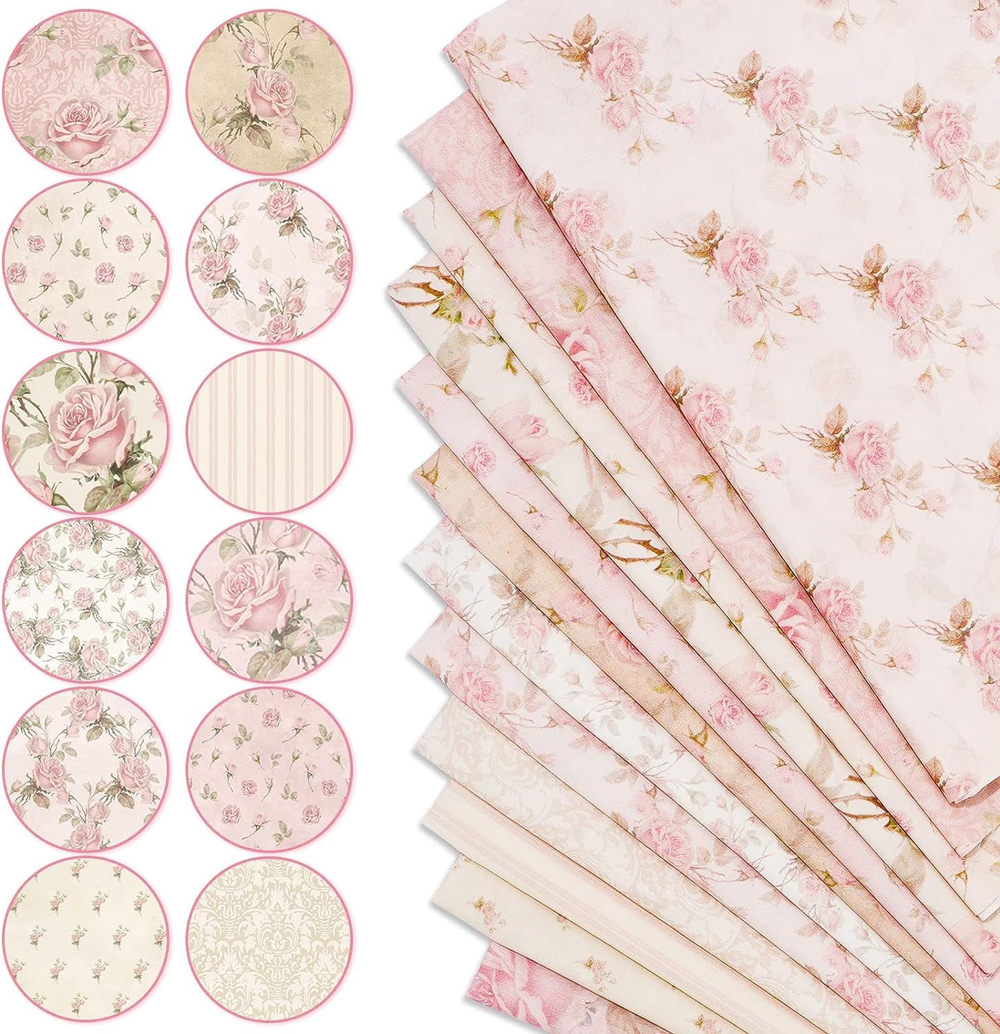12Pcs Spring Cotton Fabric Bundles 18 X 22 Inch Retro Floral Printed Fat Quarters Pink Flower Quilting Patchwork Squares Sewing Fabrics for DIY Handmade Crafting Home Party Decor