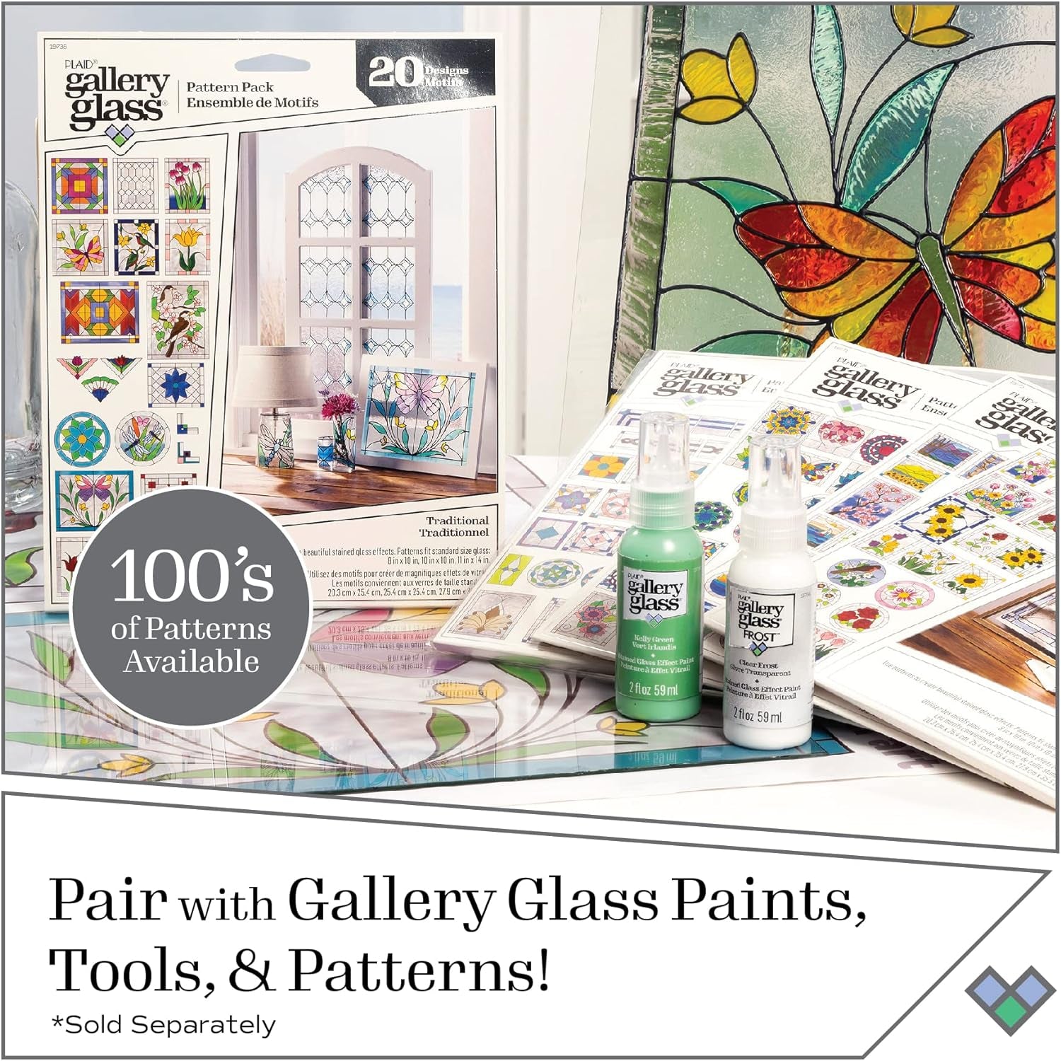 PROMOGGSTR22 Stained Glass Painting Starter Kit, 10 Piece Set Including 6 Colors, 1 Bottle of Liquid Leading, 2 Plastic Surfaces and 1 Pattern Pack of 20 Molds