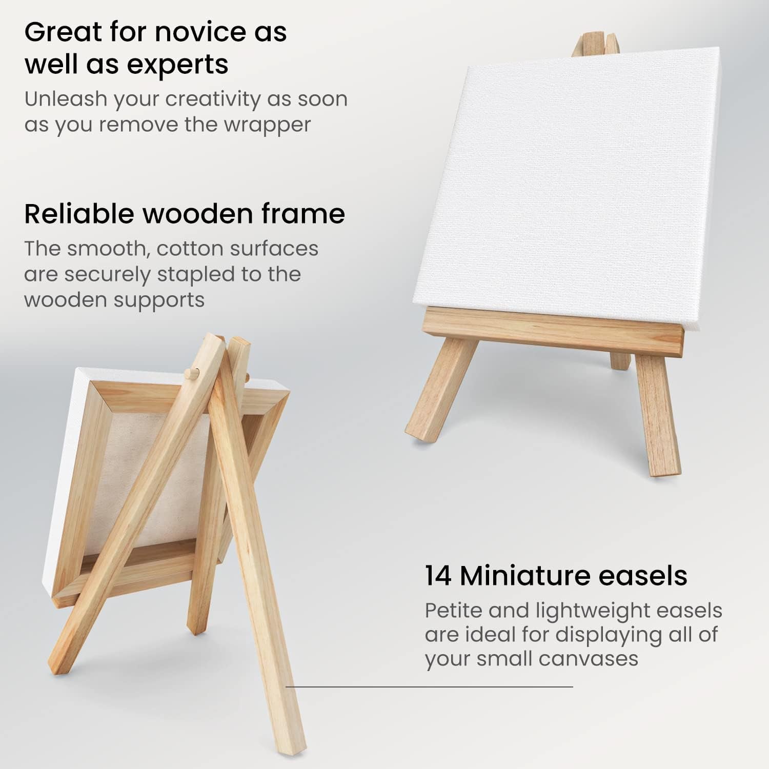 Small Canvases with Easels, 4 X 4 Inches, Pack of 14, Blank White Stretched Canvas for Acrylic, Oil and Gouache Painting