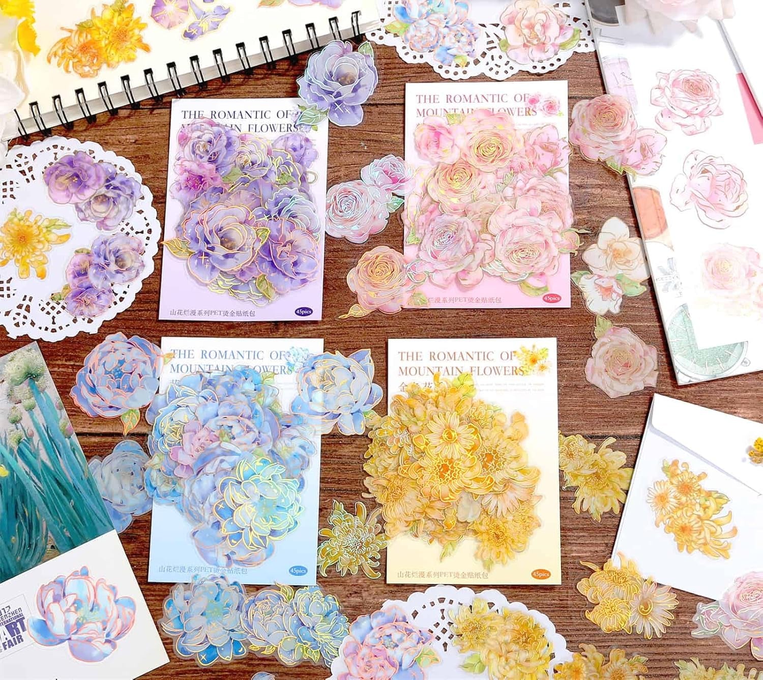 180Pcs Large Flower Stickers with Gold Foil Holographic Outlines, Waterproof Floral Stickers Vinyl Decorative Decals for Scrapbooking Supplies Junk Bullet Journals Envelopes Resin Crafts
