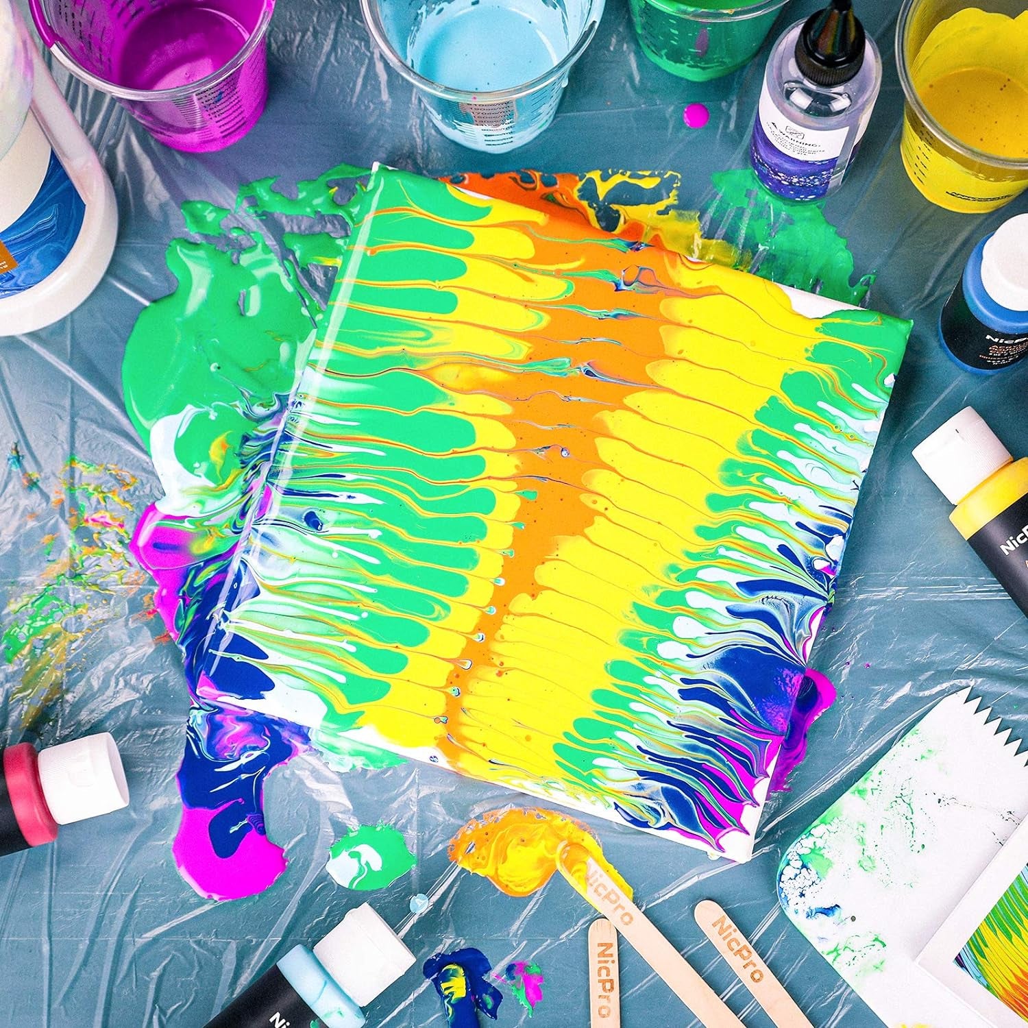 Acrylic Pouring Kit, Artist Starter Supplies Including 19 Colors Acrylic Paints,Pouring Medium, Silicone Oil, Canvases, Gloves, Strainers, Mixing Stick, Instructions for Flow DIY Painting