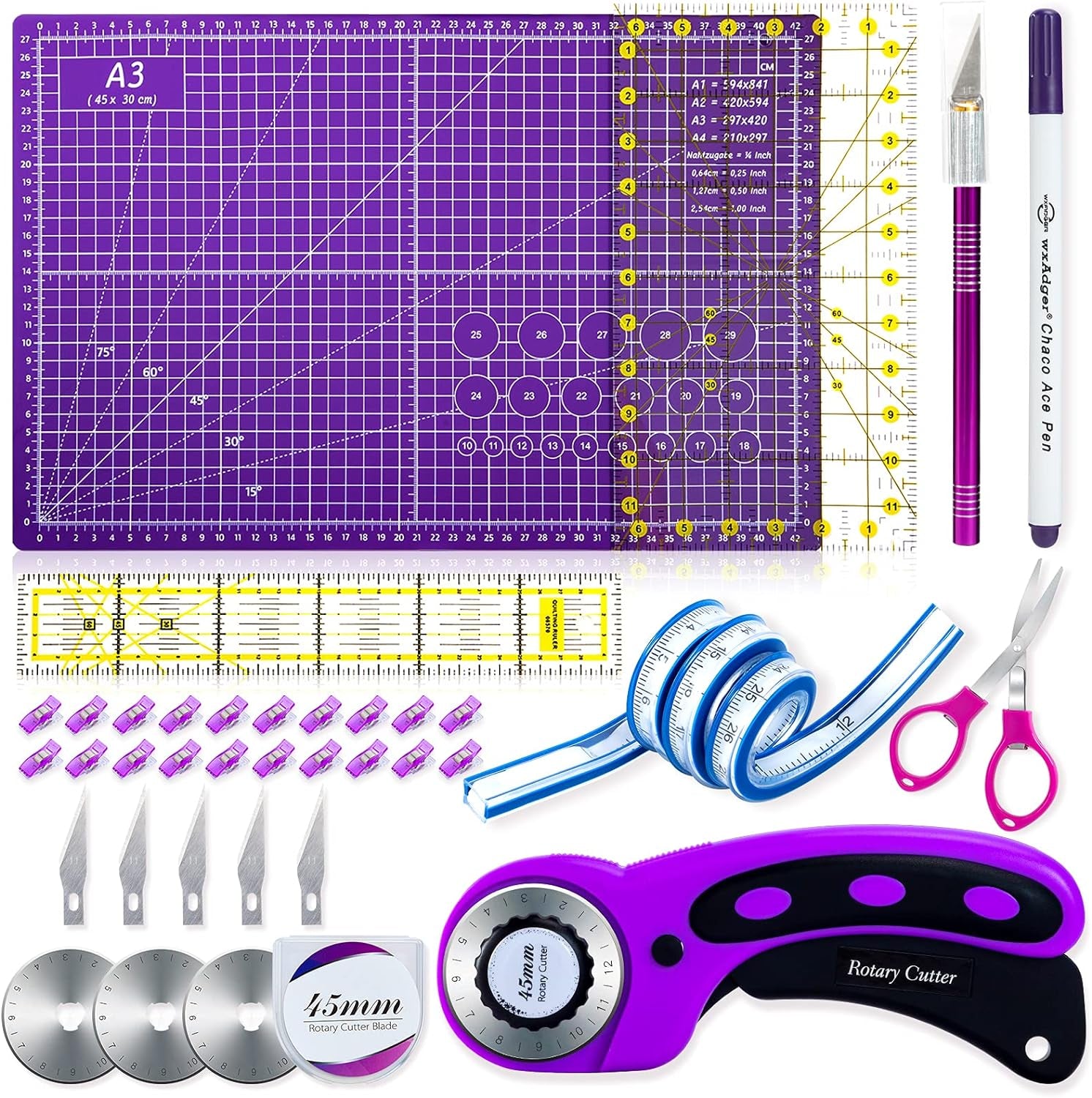 Rotary Cutter Set,Sewing Quilting Supplies,45Mm Fabric Cutters,A3 Cutting Mat for Sewing,Acrylic Rulers,Scissors,Exacto Knife,Clips,Beginners Sewing Accessories,Fabric Cutter Kit