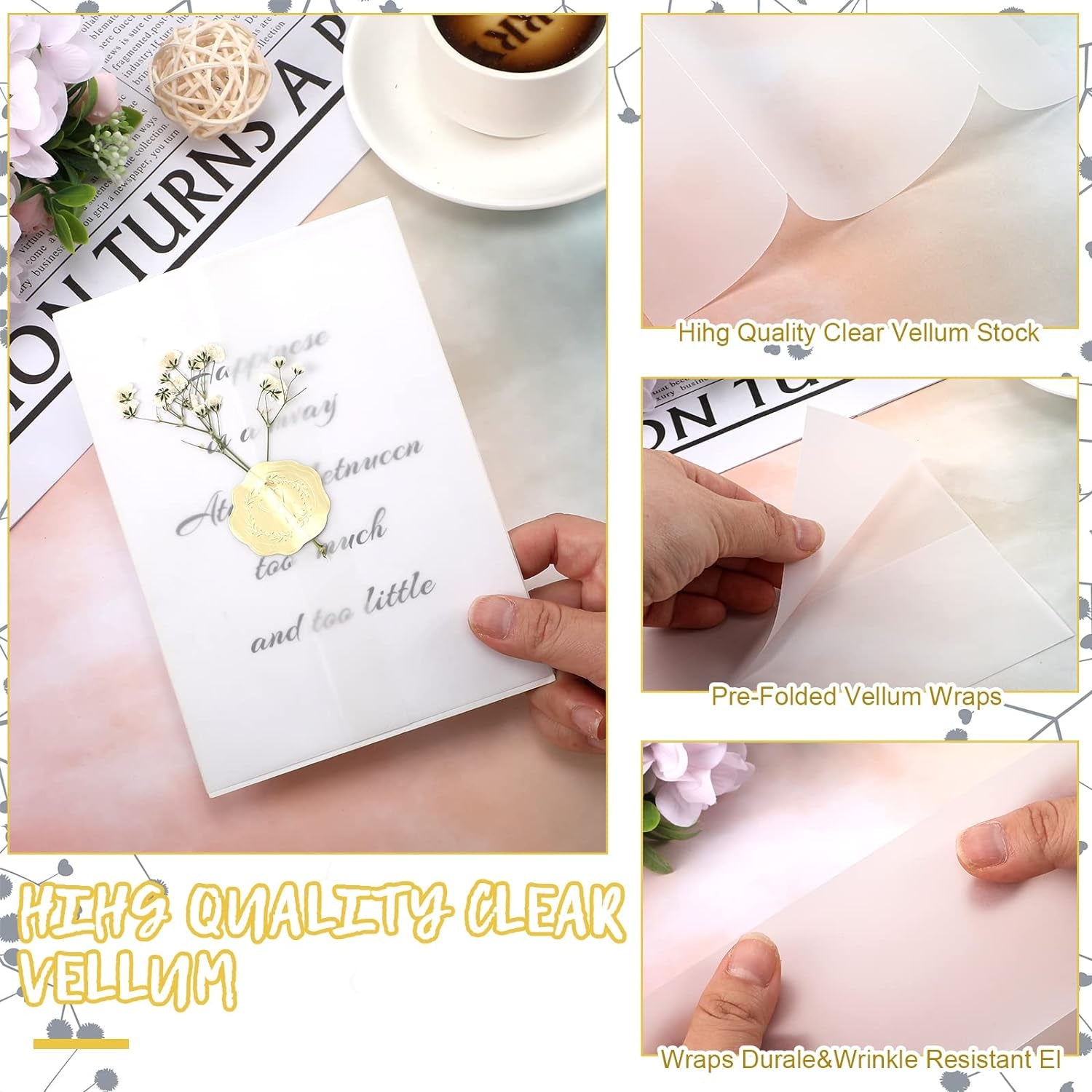 50 Pcs Wedding Invitations Wraps Set Include Pre Folded Vellum Jackets for 5X7 Invitations Natural Dried Pressed Flowers Gold Self Adhesive Envelope Seal Stickers for Craft DIY