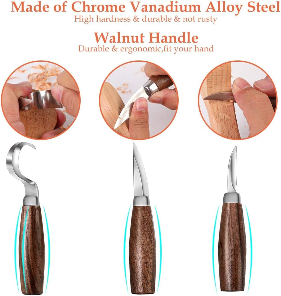 Wood Carving Tools Set, Wood Carving Hand Tools Kit with Hook Carving Knife Whittling Knife Detail Wood Carving Knife and 6Pcs SK2 Carbon Steel Wood Carving Knives for Woodwork