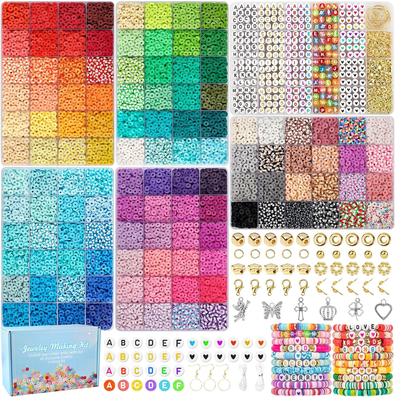 21100 Pcs Clay Beads Bracelet Making Kit, 120 Colors 6 Boxes Flat Heishi Friendship Bracelet Kit with Letter Beads, Accessories Gift for Girls, SKU-041-1-A