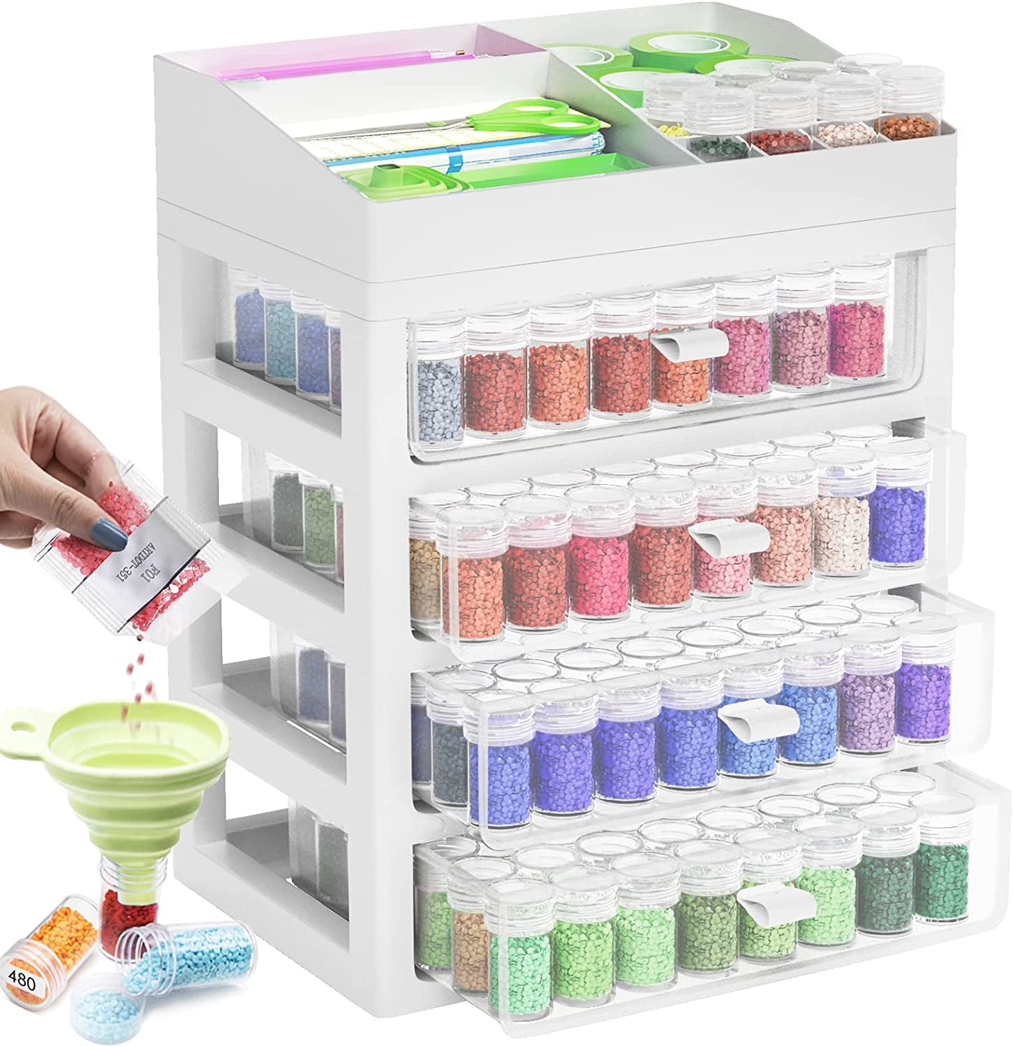 Storage Containers for Diamond Painting Accessories, 2 Drawers with 96 Slots Bead Storage Bottles and Diamond Art Accessories and Tools Rack