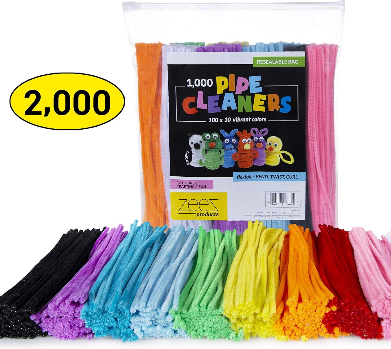 2,000 Pipe Cleaners in 10 Assorted Colors, Value Pack of Chenille Stems for DIY Arts and Craft Projects and Decorations - 6Mm X 12 Inches (2000)