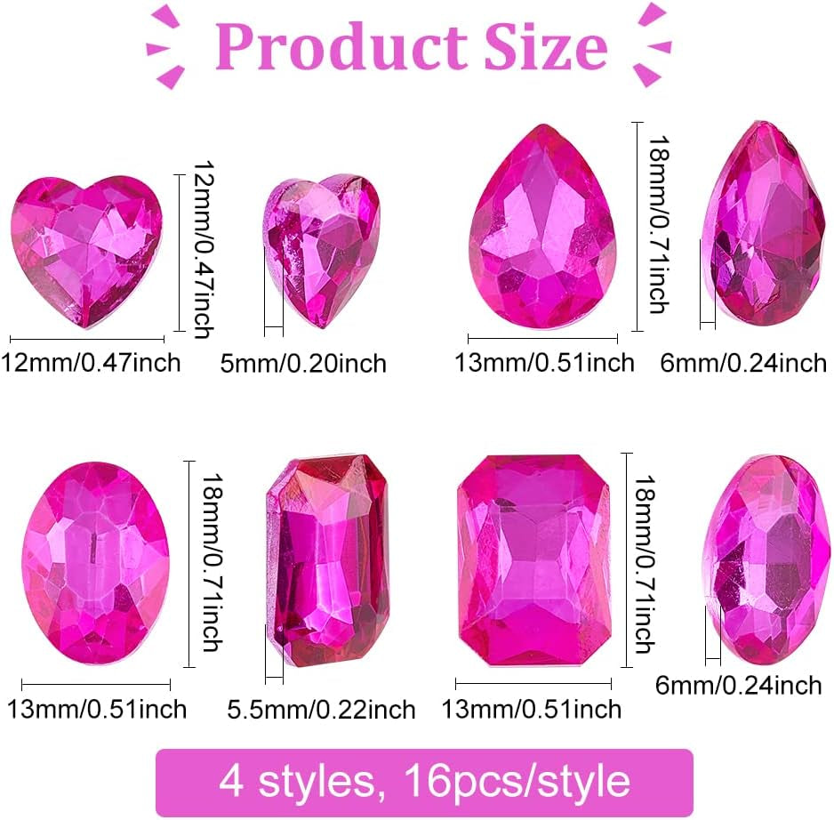 64 Pcs 4 Shapes Pointed Back Rhinestone 18Mm Glass Rhinestones Gems Fuchsia Rectangle/Teardrop/Heart/Oval Jewels Embelishments with Silver Plated Back Crystals Stones for Jewelry Making