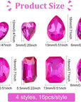 64 Pcs 4 Shapes Pointed Back Rhinestone 18Mm Glass Rhinestones Gems Fuchsia Rectangle/Teardrop/Heart/Oval Jewels Embelishments with Silver Plated Back Crystals Stones for Jewelry Making