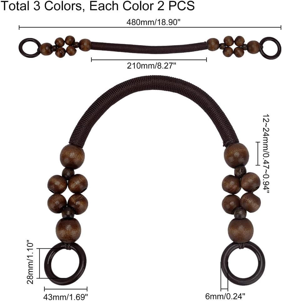 6Pcs Wooden Beaded Bag Handles, 3 Colors Purse Handles Nylon Rope Purse Straps Replacement Bag Handles U-Shape Purse Handles for Bag Making Shoulder Bag Handbag DIY Crochet Bag, 18 Inch