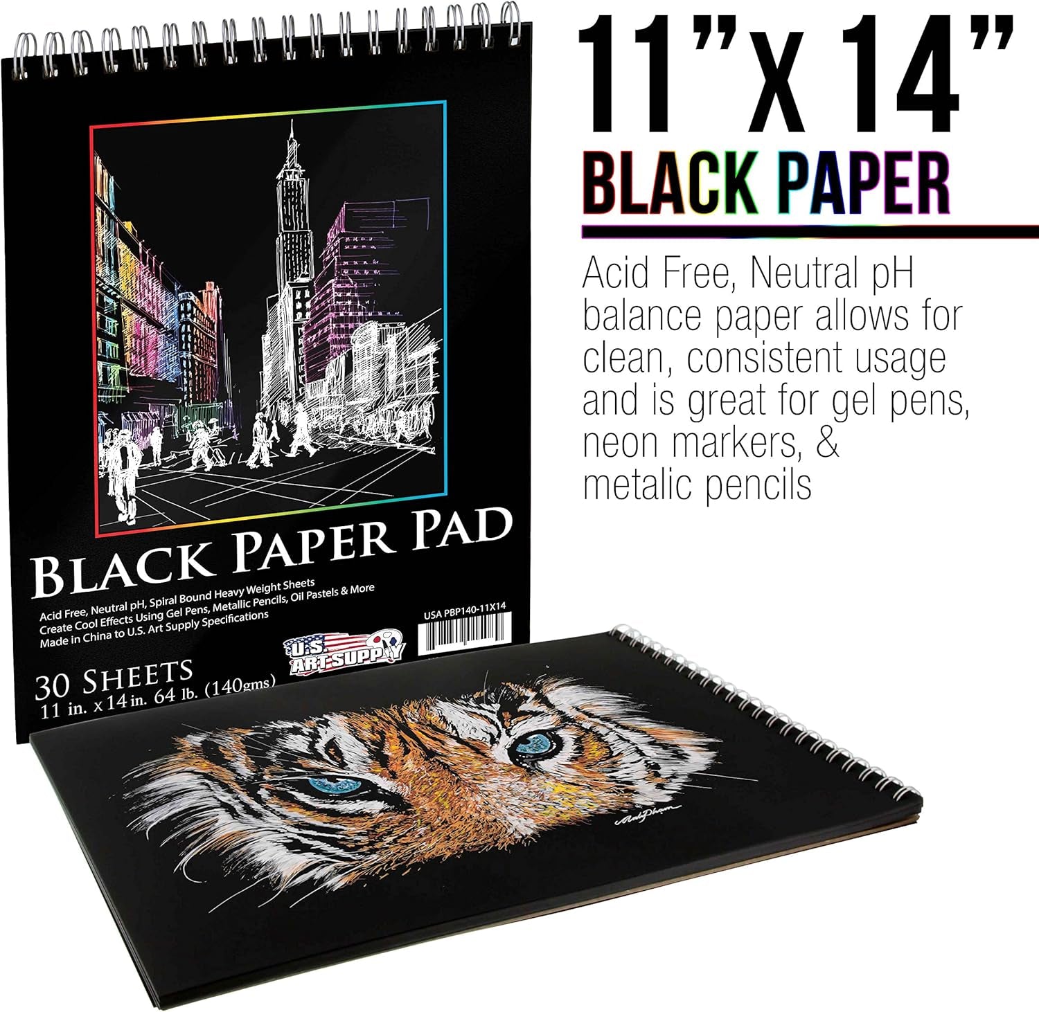 11" X 14" Premium Black Heavyweight Paper Sketch Pad, Pack of 2, 30 Sheets Each, 64Lb (140Gsm) - Spiral Bound Artist Drawing Paper - Colored Pencils, Gel Pens, Oil Pastels