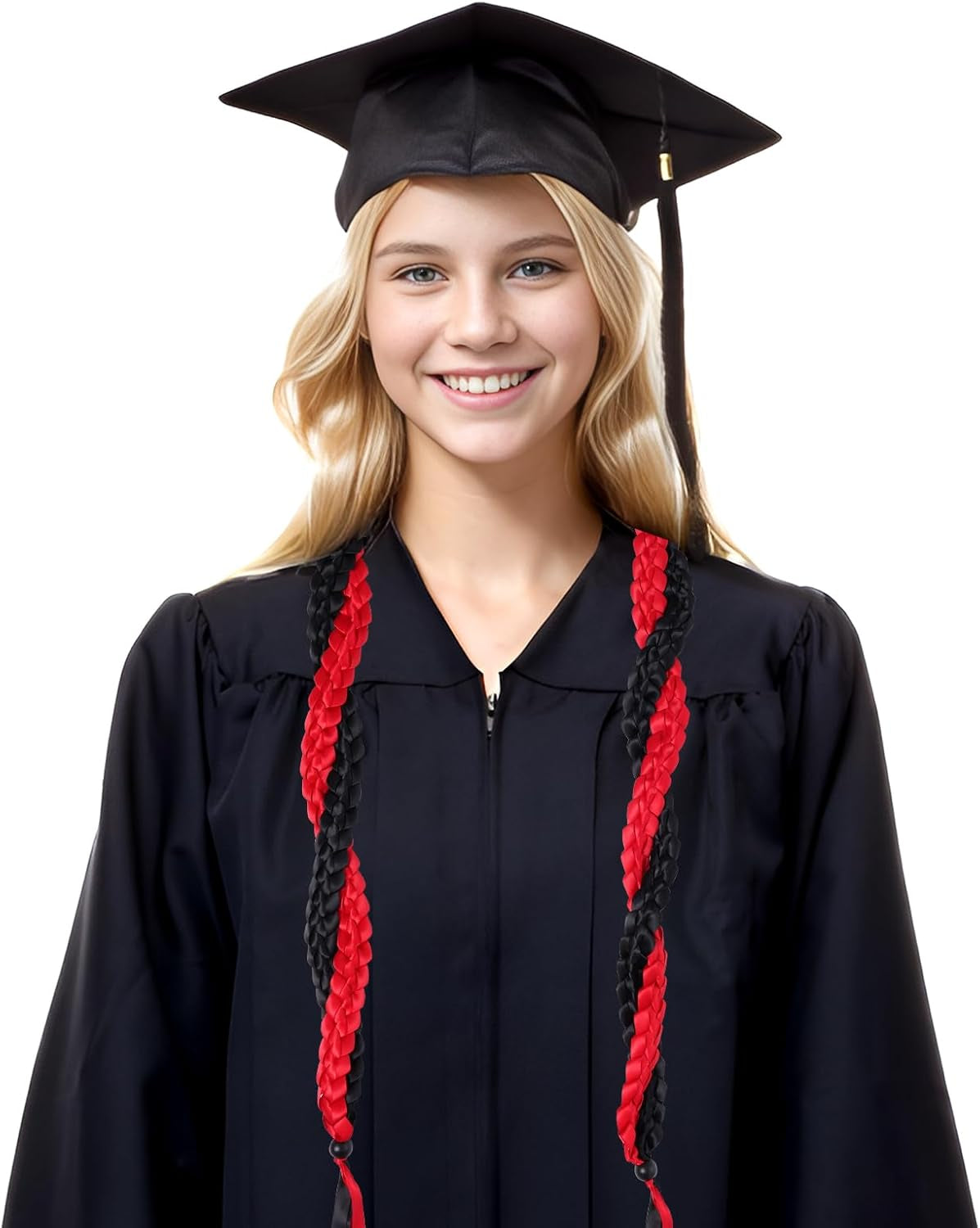 2024 Graduation Ribbon Lei Grad Braided Necklace Graduation Gift with Tassel Adjustable Leis for High School College Bachelor Master Doctor Graduation Party (Black &amp; Red, 1)