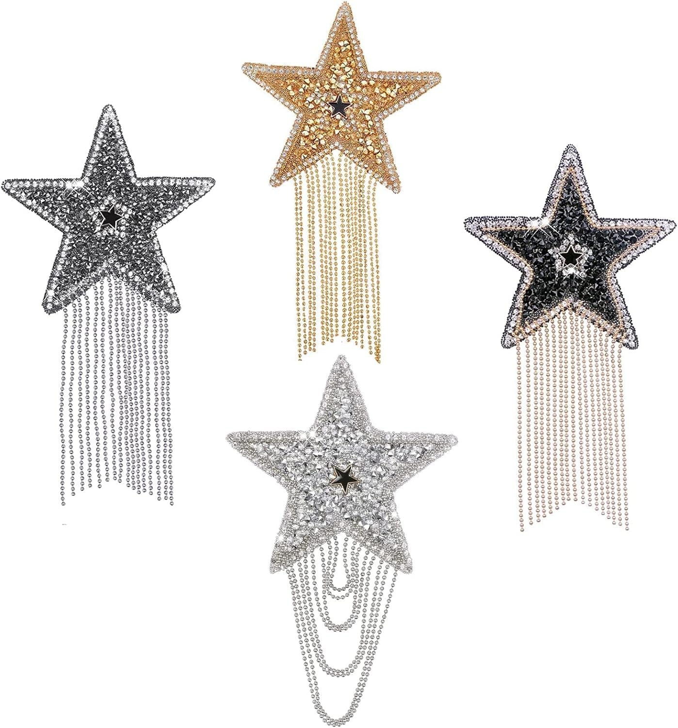 4Pcs 4 Mix Color Sparkling Rhinestone Five-Pointed Star Pattern Clothes Patches Iron on Fashion Appliques with Chains Tassel Badge DIY Repair Decorate Patch for Clothes Dress Jeans Hats Bags