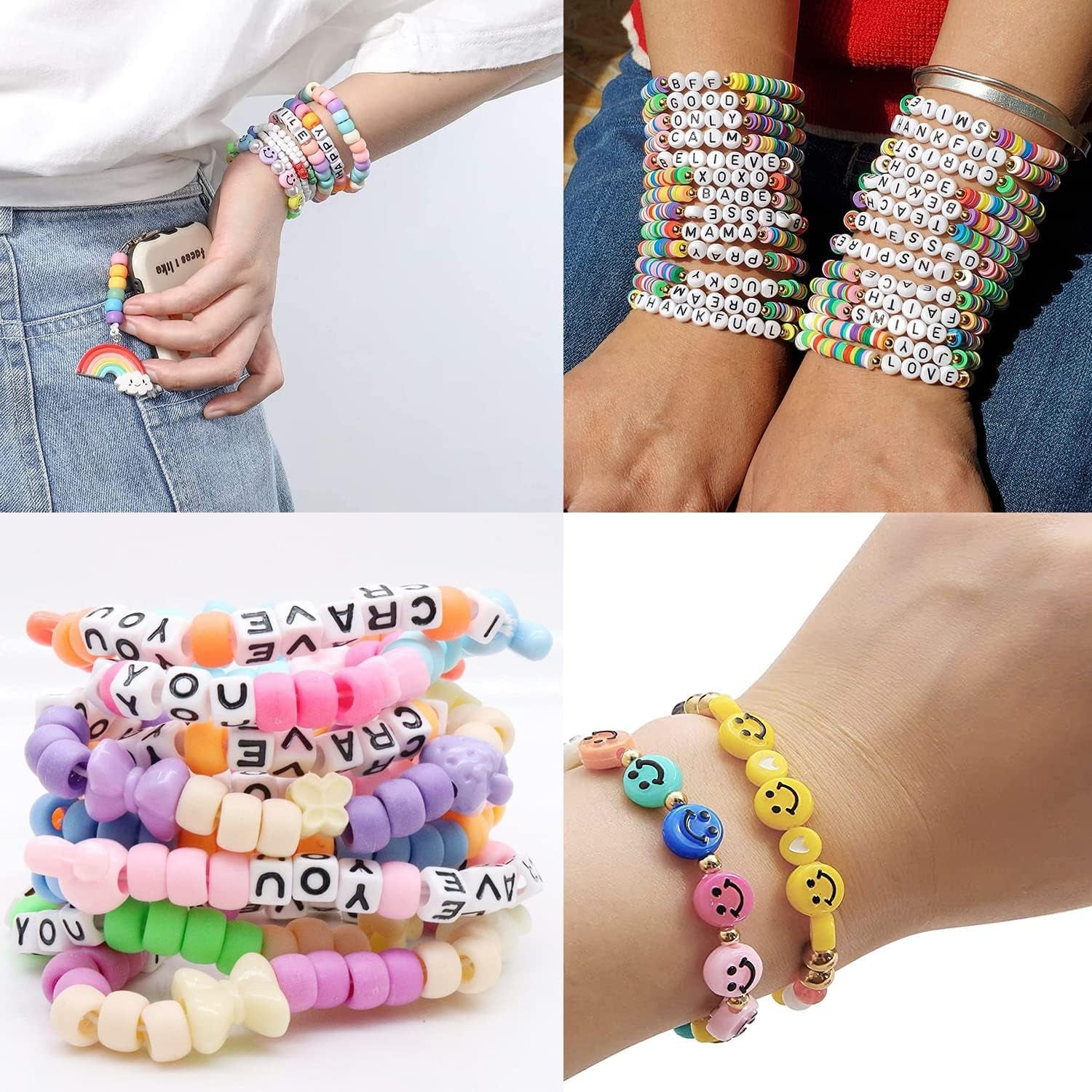 3430Pcs Pony Beads for Bracelets Making Kit, 44 Colors 2400Pcs Kandi Bracelet Kit with 720Pcs Letter Beads and 300Pcs Smiley Face Beads, Large Hole Beads for Jewelry Making, with Elastic Strings