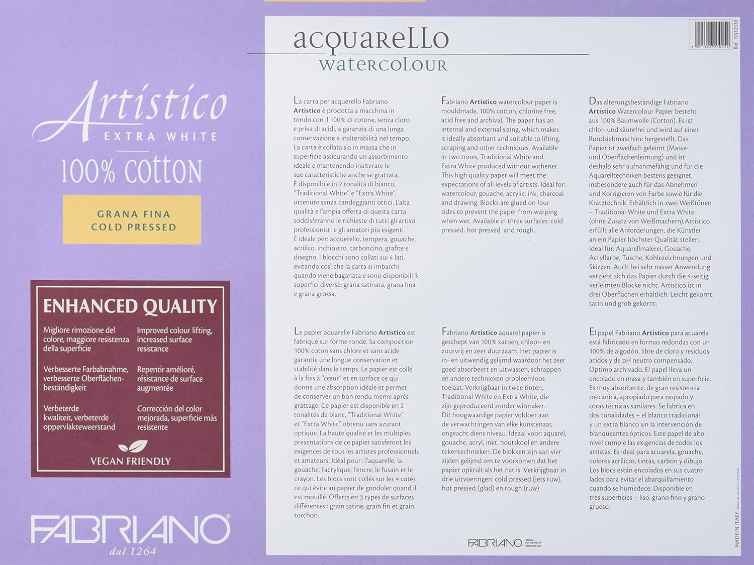 Fabriano Artistico Acquarello, Extra White, Fine Grain, Cold Pressed, 23 X 30.5 Cm, 20 Sheets, 300 G/M², Artists' Watercolour Cardboard, Pad Glued on 4 Sides, 23 X 30,5 Cm