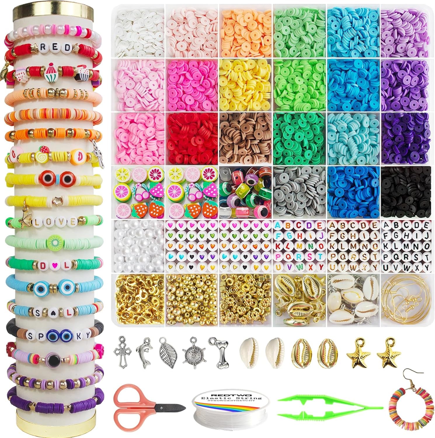 6200 Pcs Clay Beads Bracelet Making Kit, Flat round Polymer Heishi Friendship Bracelet Jewelry Kit with Charms and Elastic Strings for Girls 8-12 Gifts for Kids