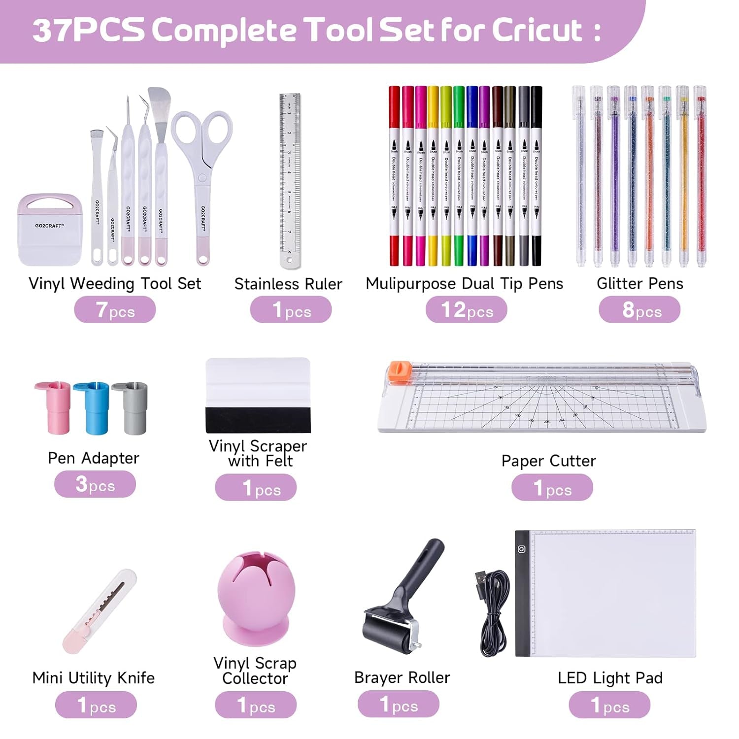 37Pcs Essential Tool Set for Cricut Machine, Ultimate Tool with 7Pcs Weeding Tools for Vinyl, LED Light Pad, 12'' Paper Cutter, Vinyl Scrap Collector, Crafting Starter Kit for Cricut Projects