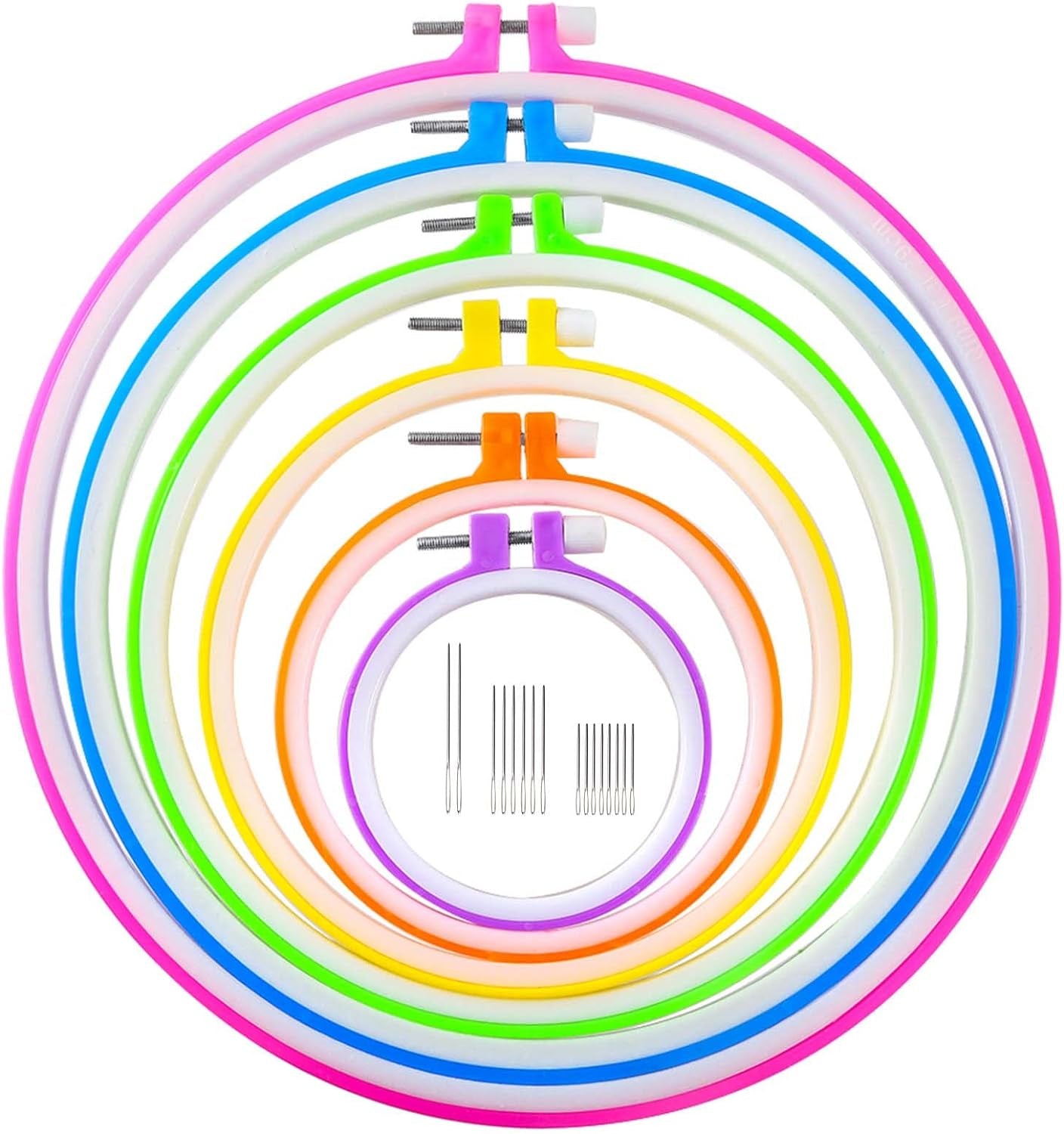 6 Pieces Embroidery Hoops and 15 Needles, Plastic Circle Cross Stitch Hoop Ring Embroidery Circle Set, 3.4 Inch to 10.4 Inch (Multicolor)