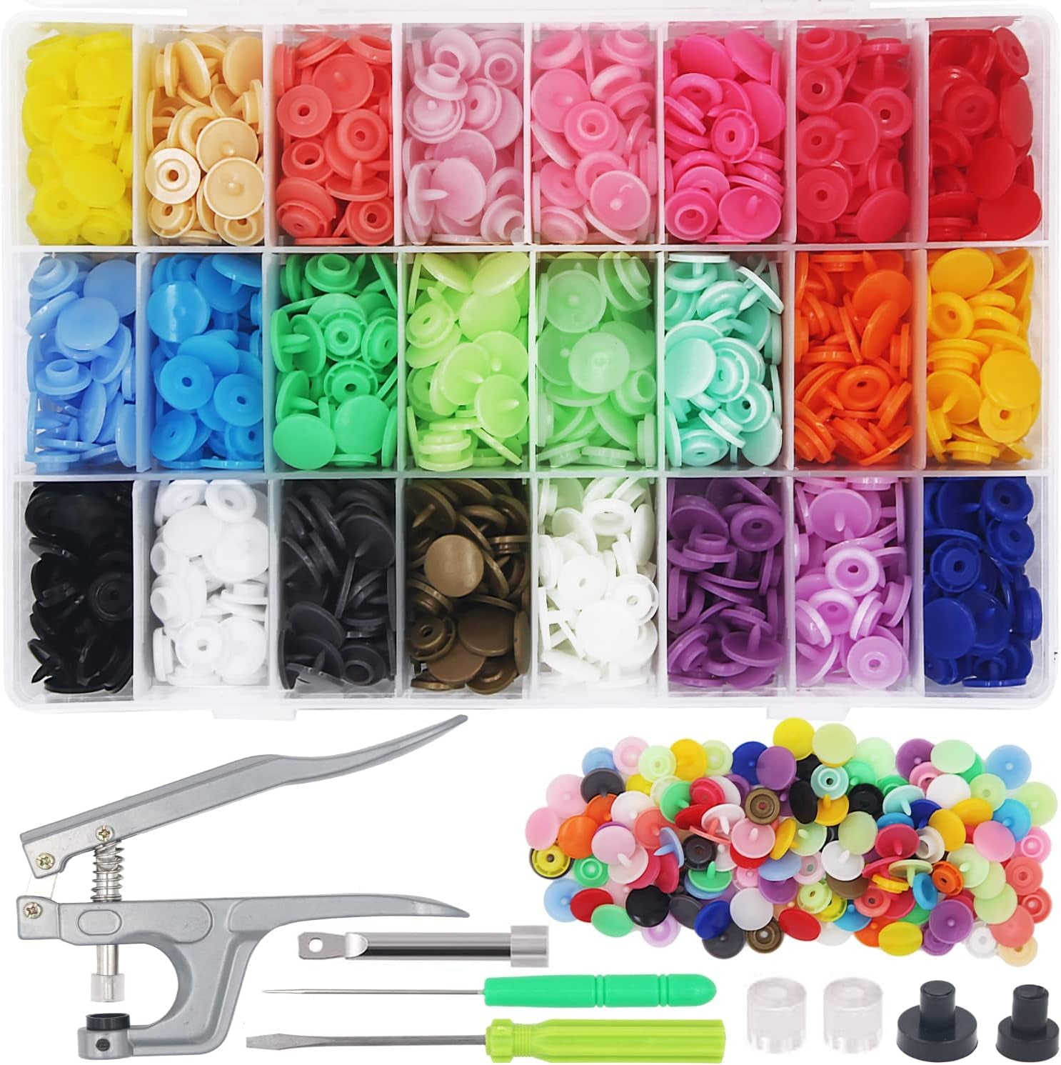 1440Pcs Plastic Snap Buttons No-Sew Snap Fasteners T5 Snaps with Snaps Pliers Kit for Clothing Sewing,Rain Coat,Bibs,Clothes Crafting(24 Colors,360Sets)