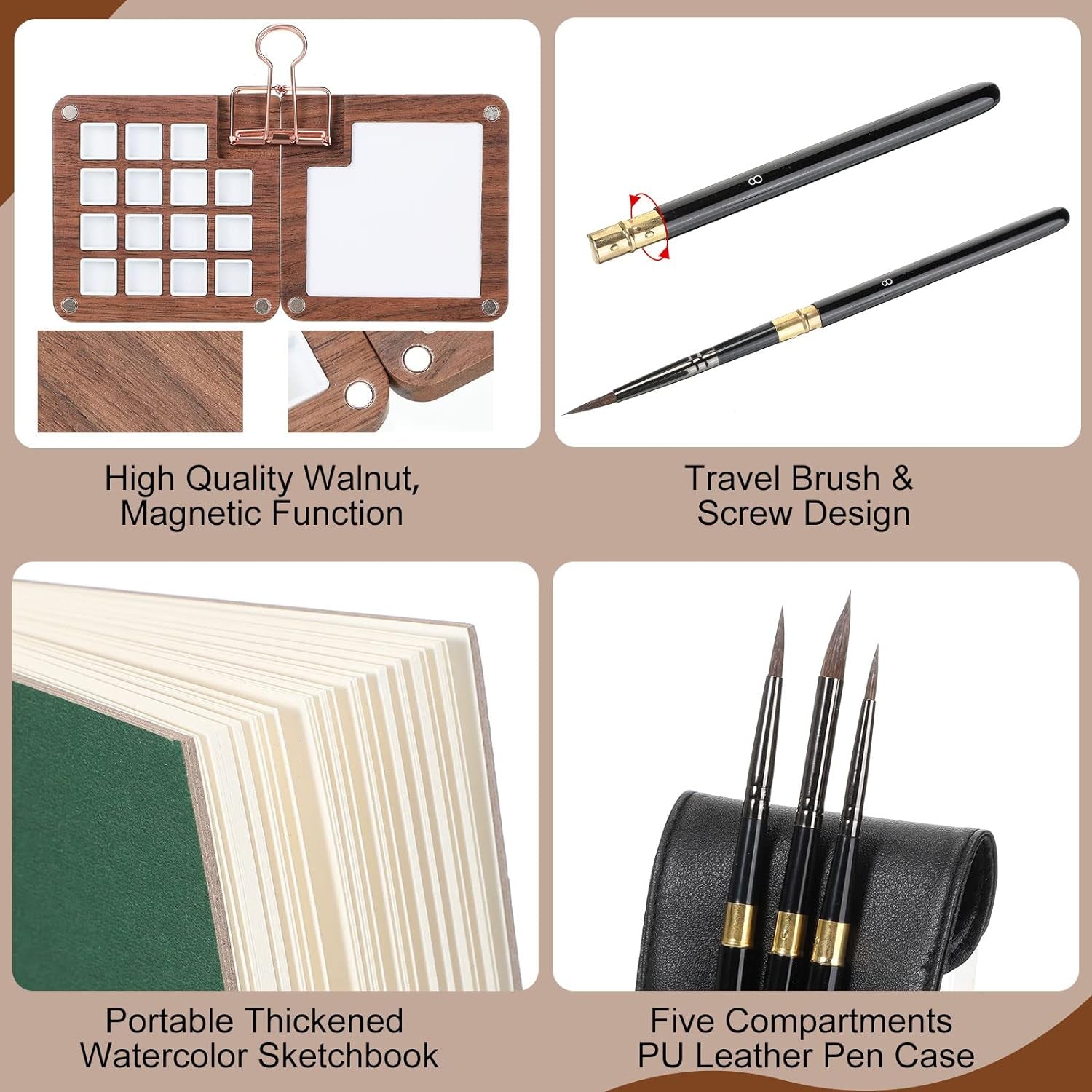 7 Pcs Portable Watercolor Palette with Clip Mini Watercolor Paper Sketchbook Travel Watercolor Brushes Set Wooden Color Palette Box 3 round Artist Paint Brushes with Protective Case (15 Color)
