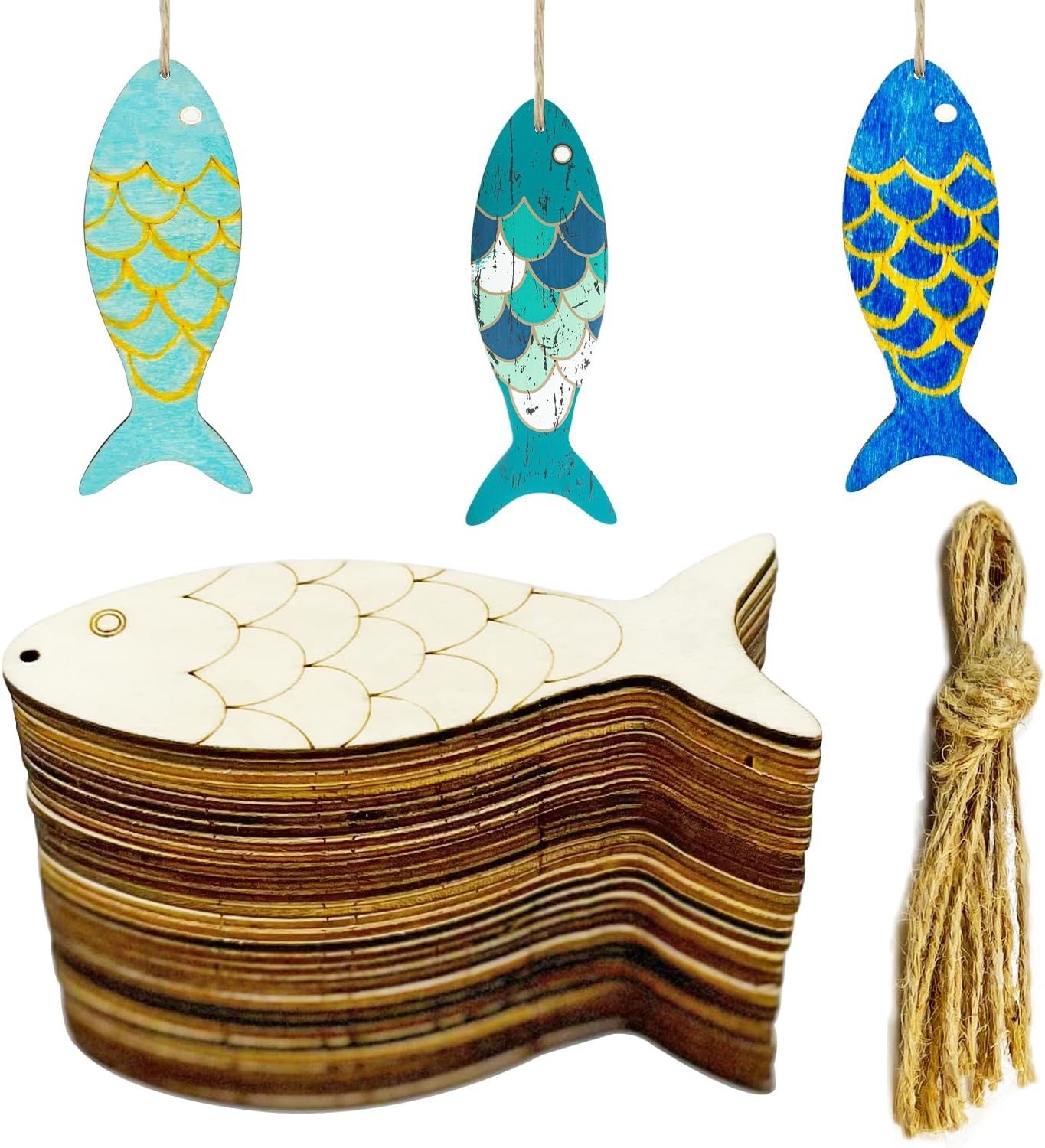 30Pcs Unfinished Fish Shaped Wood Cut Out Fish Wood DIY Crafts Cutouts Blank Wooden Fish Shaped Hanging Ornaments for Wedding Birthday Ocean Animal Themed Party Decoration