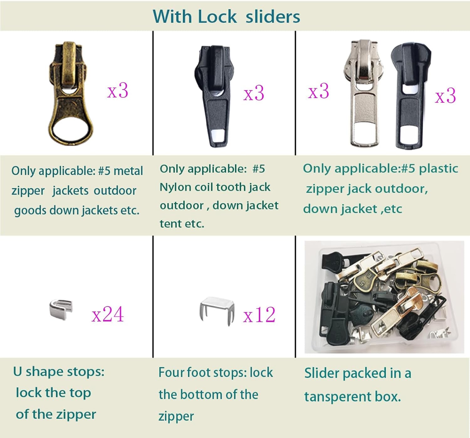 Zipper Repair Kit #5 Sliders with Pull 12 Pcs, Zipper Stops, Replacement Zipper Head Bottom Stop and Top Stop, Fix Zipper on for Repairing Coats,Jackets, Metal Plastic and Nylon Coil Zippers.