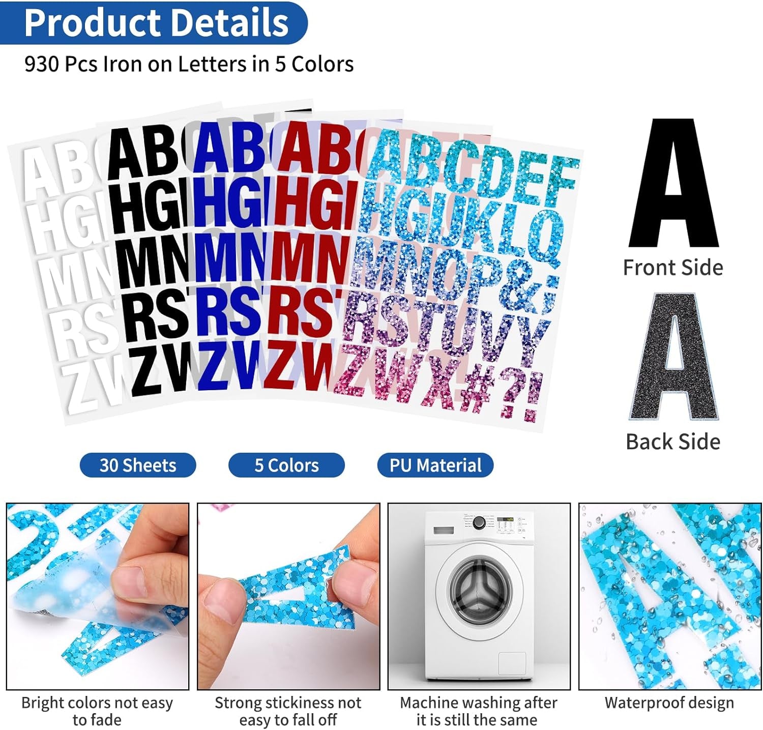 30 Sheets 930 Pieces Iron on Letters for Clothes 1.6 Inch Heat Transfer Letters with A-Z Iron on Vinyl Letters in 5 Colors PU Alphabet Adhesive Stickers for DIY Printing Craft Fabric T-Shirt Jersey