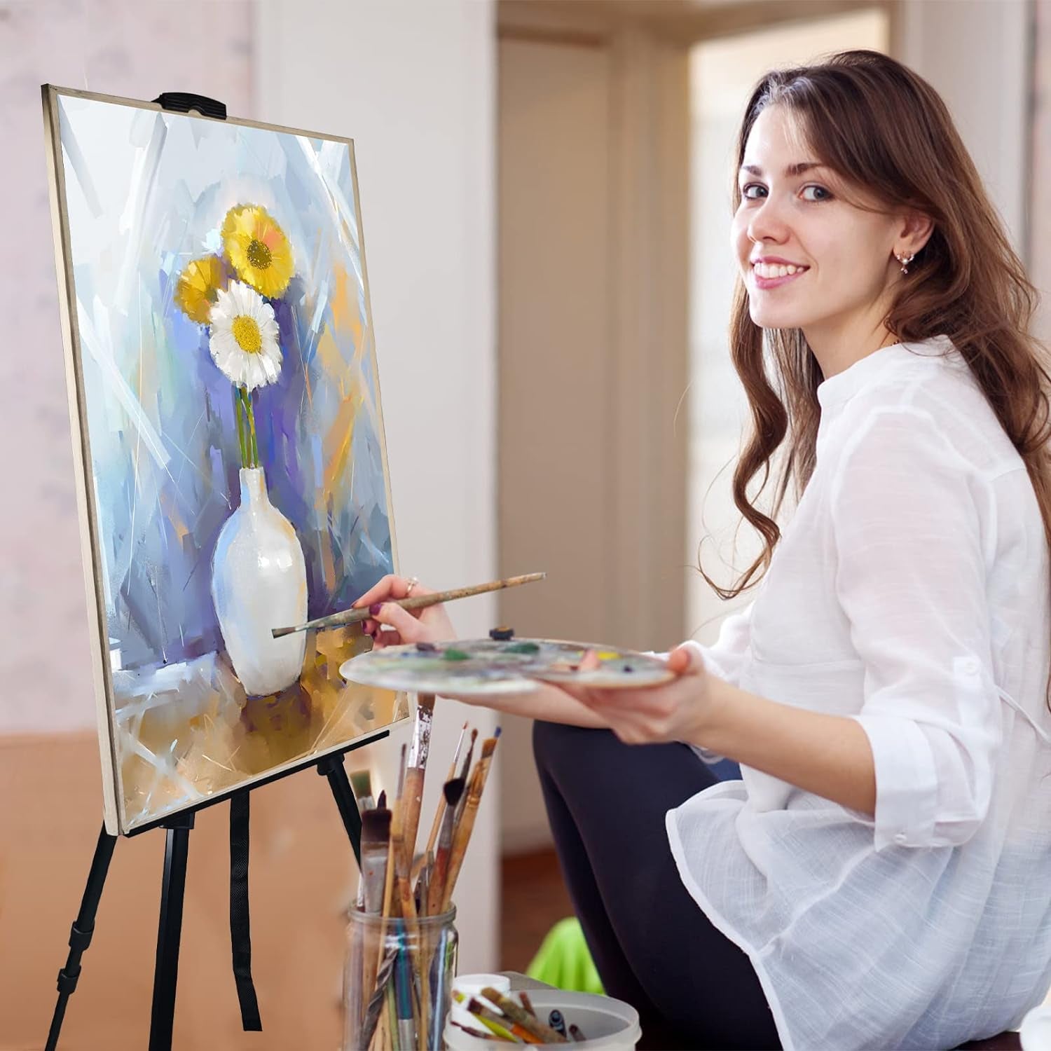 Portable Artist Easel Stand, Metal Tripod Adjustable Easel for Painting Canvases Height from 17 to 66 Inch,Carry Bag for Table-Top/Floor Didplaying and Wedding Signs,Black(1Pack)