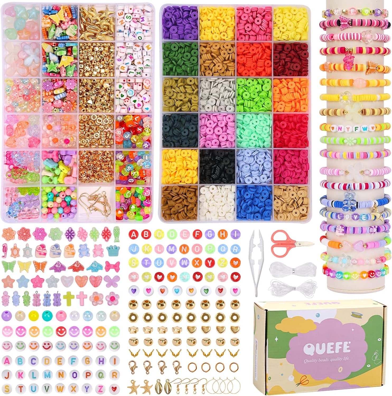 6000Pcs Clay Beads Bracelet Making Kit for Adults, 24 Colors Flat Heishi Clay Beads with Charms, Preppy Beads for Jewelry Earring Craft Making