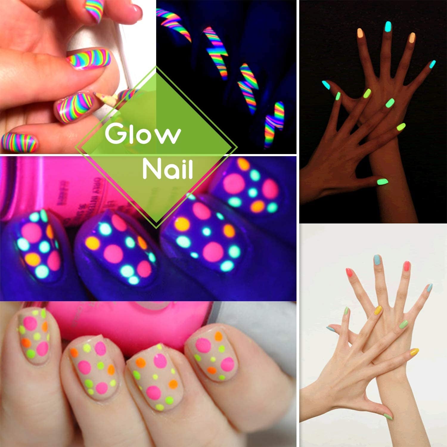 Glow in the Dark Pigment Powder - Epoxy Resin Color Pigment Dyes for DIY Slime Coloring Kit - Luminous Skin Safe Long Lasting Self Glowing for Acrylic Paint, Nail Art, Painting, Crafts - 0.4Oz Each