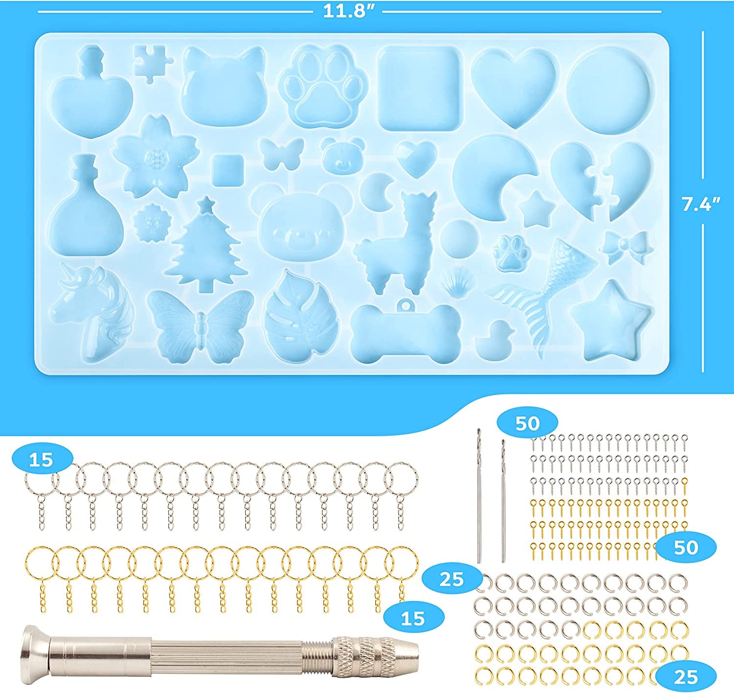 182Pcs Resin Molds Silicone Kit for Keychains, 32 Cavities Silicone Molds for Epoxy Resin Casting, Variety Shaped Resin Key Chain Molds Making Set DIY Ornaments Crafts Supplies