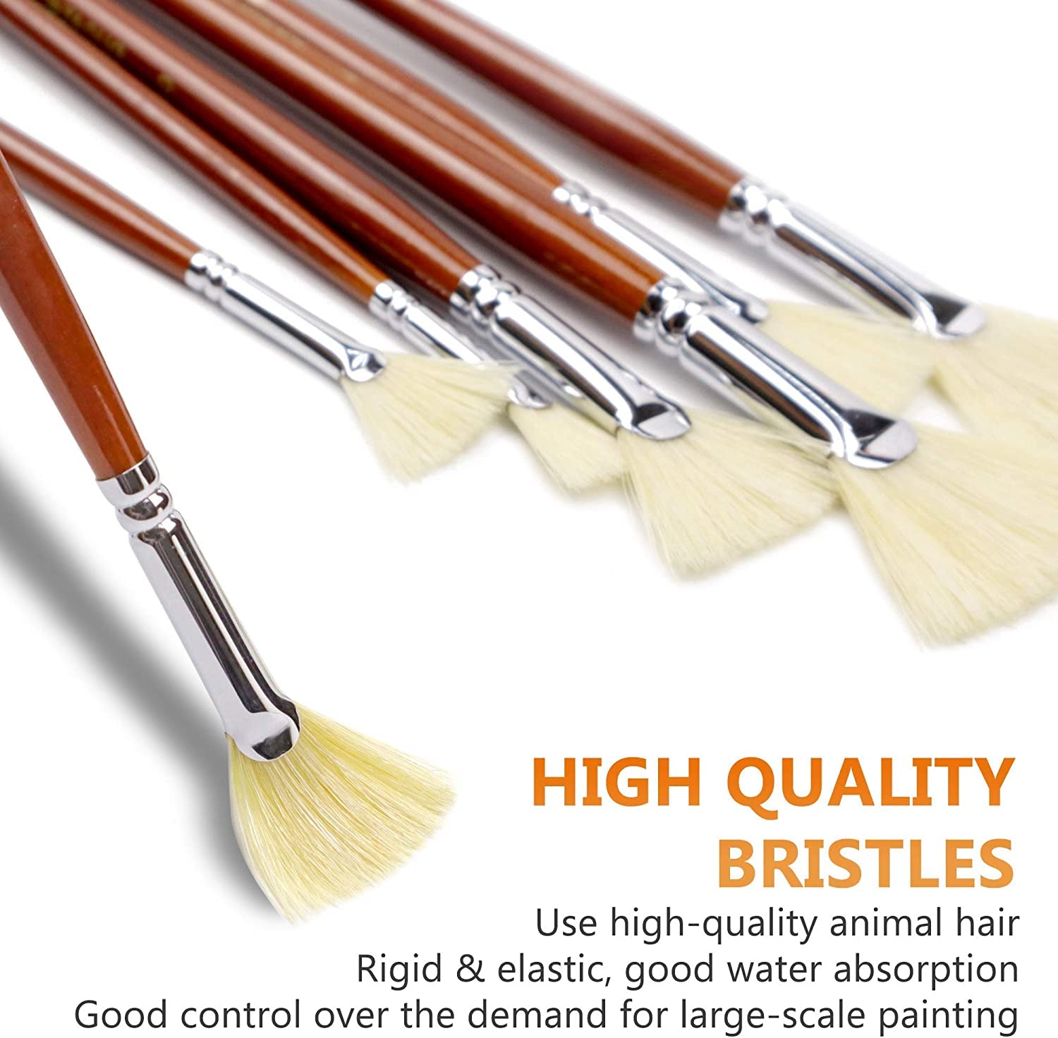 Artist Fan Paint Brush Set of 7, White Hog Bristle Natural Hair Anti-Shedding Brush Tips, Long Wooden Handle for Comfortable Holding, Great for Acrylic Watercolor Oil Painting