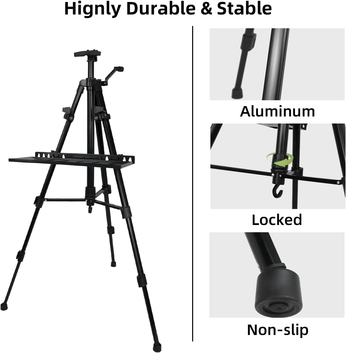 Artist Easel Stand Painting Stand Art Easel, 20"To 61" Art Easel for Painting Canvase &amp; Displaying, Aluminum Adjustable Height Display Tripod with Portable Bag/Folding Keg/Apron.(Black)