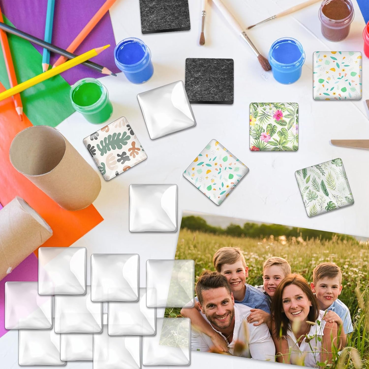 96Pcs Craft Magnets Glass Magnet with Adhesive Backing and Transparent Clear Glass Cabochons DIY Magnets for Fridge Refrigerator Magnets(Square,1.2 Inch)