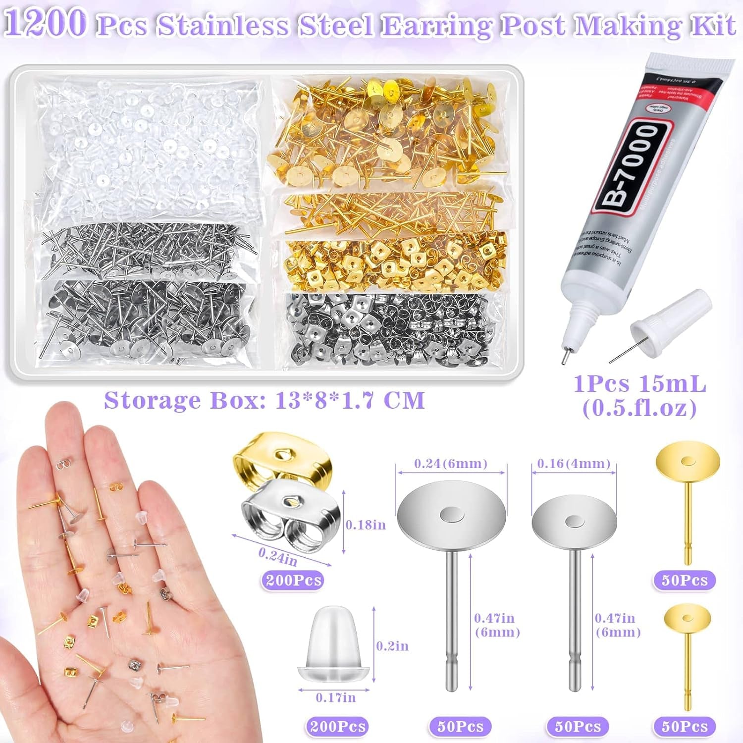Jewelry Glue with Earring Posts for Jewelry Making, 600Pcs Stainless Steel Earring Posts and Backs Silver and Gold Earring Posts with Rubber Earring Backs for Earring Making Supplies