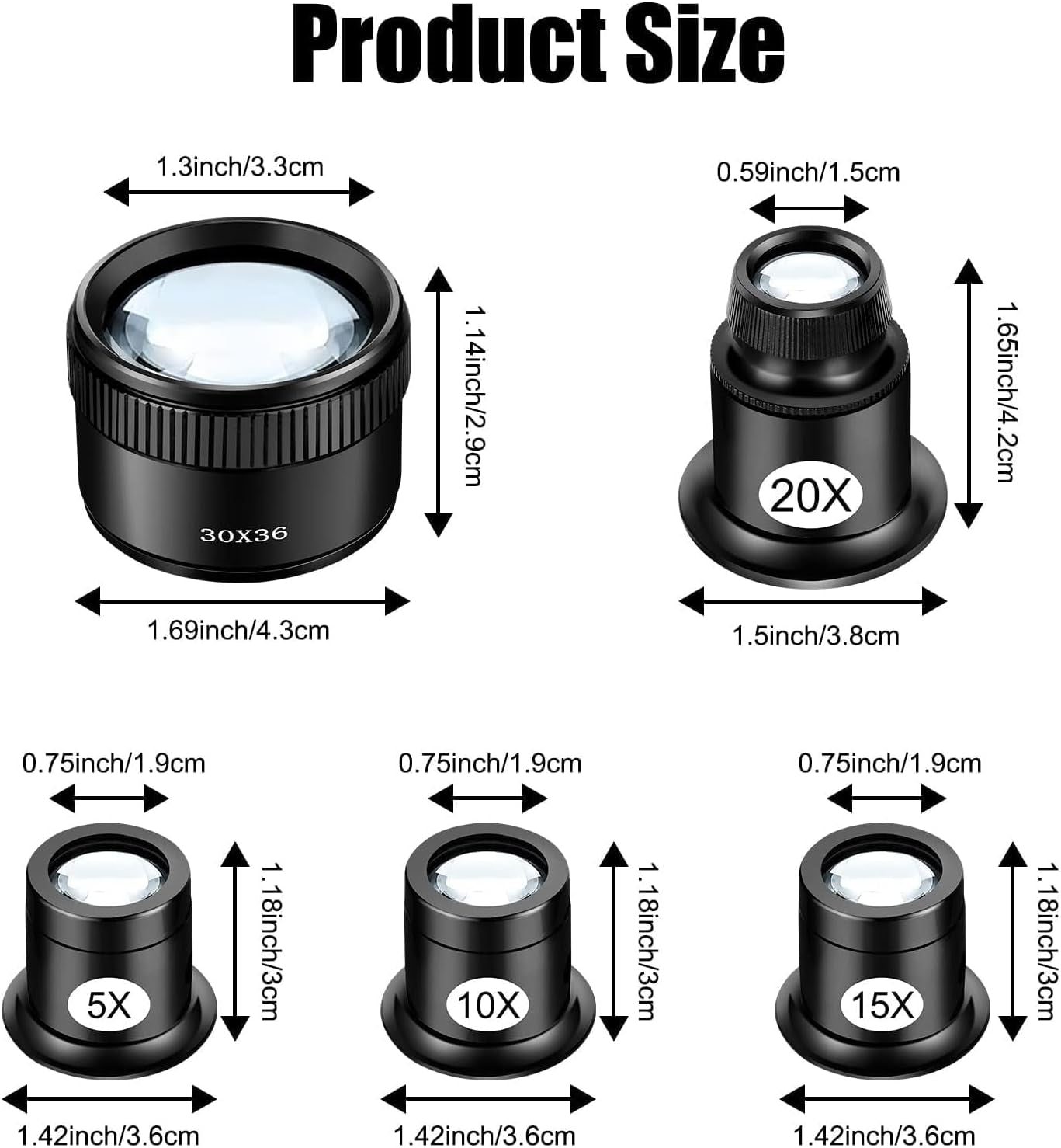 Eye Loop, 5PCS Jewelers Loupe Magnifier, 5X 10X 15X 20X Magnifying Eye Glass Pieces for Watchmaker