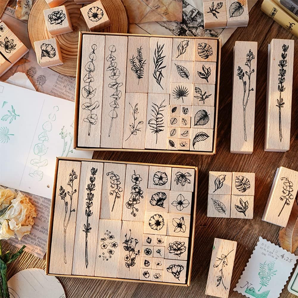 22 Pcs Plant Wooden Rubber Stamps Set, Plant Decorative Wooden Stamp DIY Craft Wooden Rubber Stamps (Plant 1)