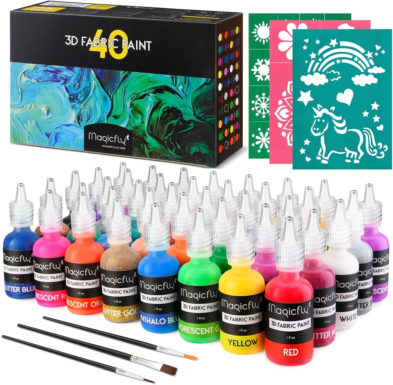 3D Fabric Paint,  40 Colors Permanent Textile Paint with 3 Brushes and Stencils, Permanent Fabric Paint with Fluorescent, Glow in the Dark, Glitter, Metallic Colors for Clothing, T-Shirt, Glas