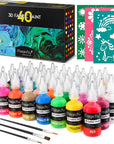 3D Fabric Paint,  40 Colors Permanent Textile Paint with 3 Brushes and Stencils, Permanent Fabric Paint with Fluorescent, Glow in the Dark, Glitter, Metallic Colors for Clothing, T-Shirt, Glas