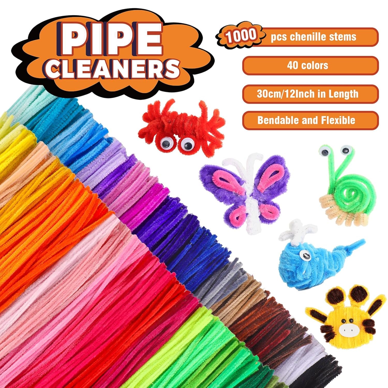 1000Pcs Pipe Cleaners for Arts and Crafts, 40 Color Chenille Stems for DIY Creative Projects, Craft Supplies for Adults and Kids (12Inch×6Mm)