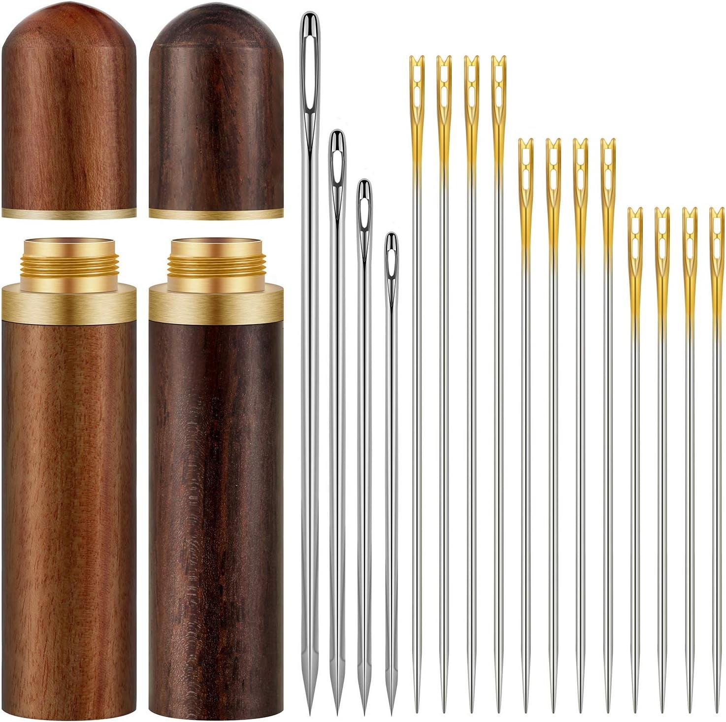 24 Pieces Self Threading Needles Easy Threading Needles and 4 Pieces Large-Eye Hand Sewing Needles with 2 Pieces Wooden Needle Case for Storing Handmade Sewing Embroidery Needle Accessories