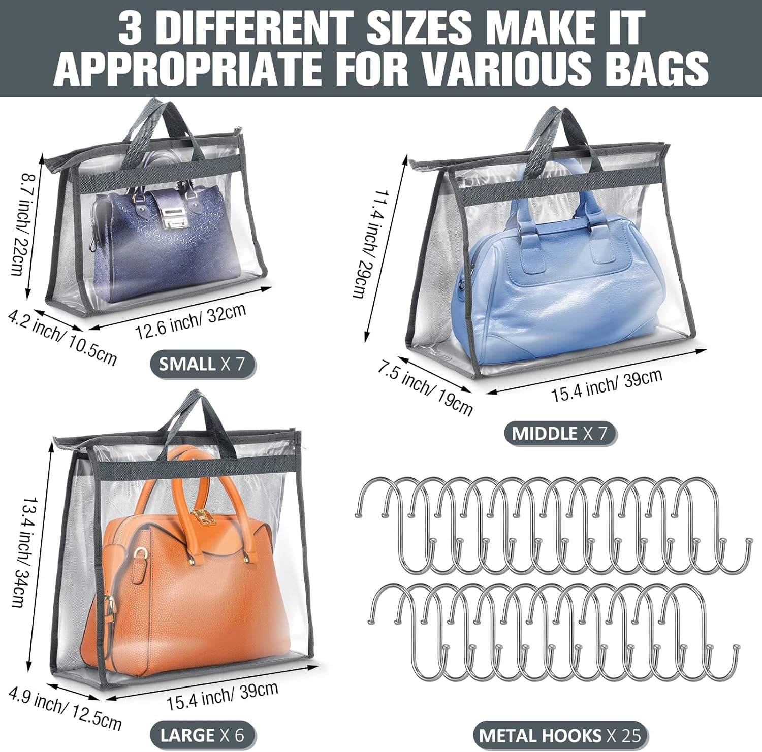 20 Pack Dust Bags for Handbags Clear Handbag Storage 3 Sizes Handbag Organizers for Closets Hand Bag Dust Cover Purse Protector Bag with Zipper and Handles with 25 Pcs S Shape Hooks