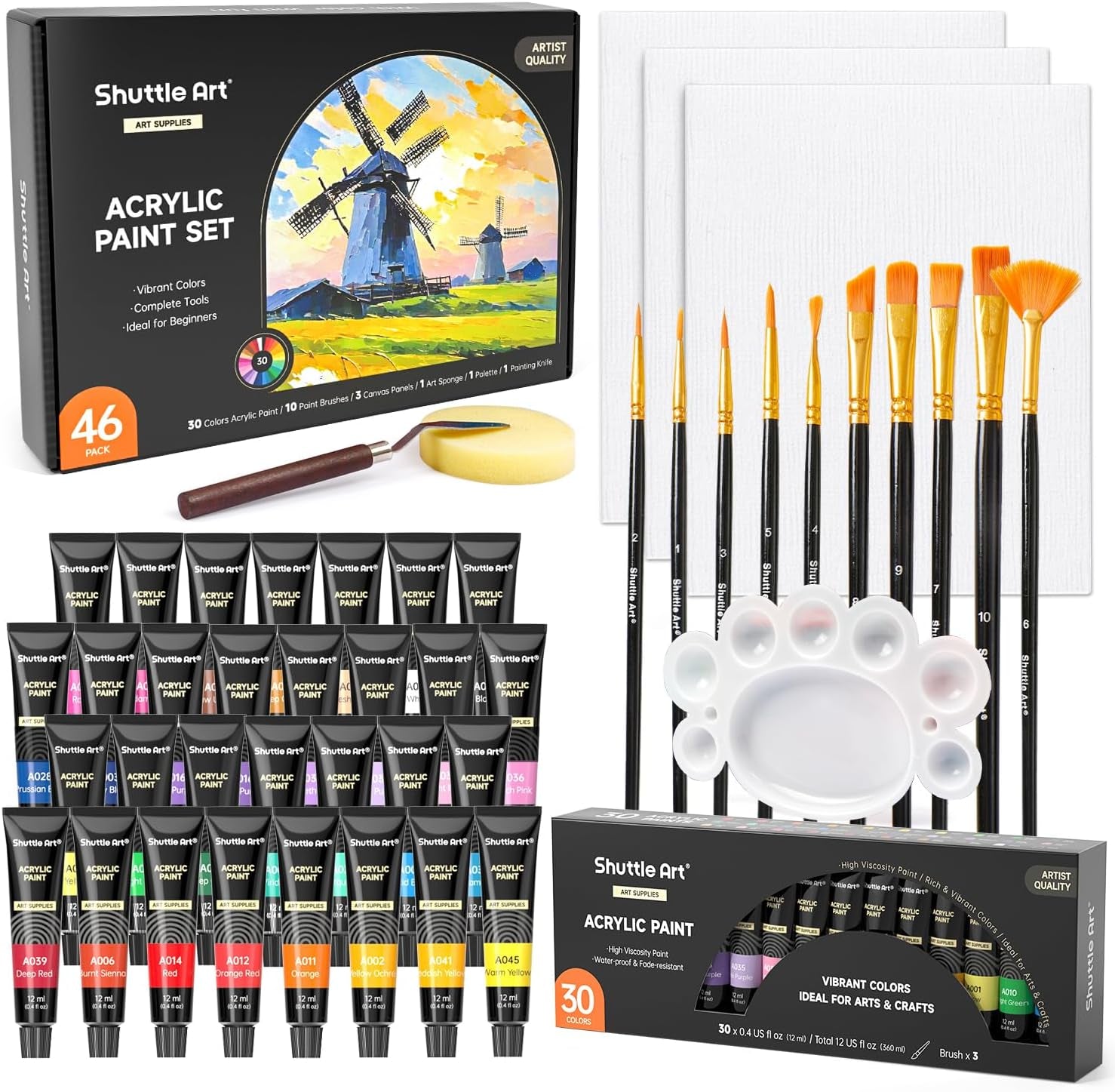 47 Pack Acrylic Paint Set,  15 Colours (12Ml Each, 2Pack) Acrylic Paint with 10 Brushes Painting Canvas Knife Palette Sponge, Complete Gift Set for Kids, Adults Painting Canvas, Ceramic